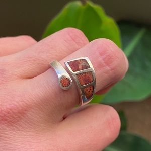 Sterling Silver Genuine Coral Adjustable Ring